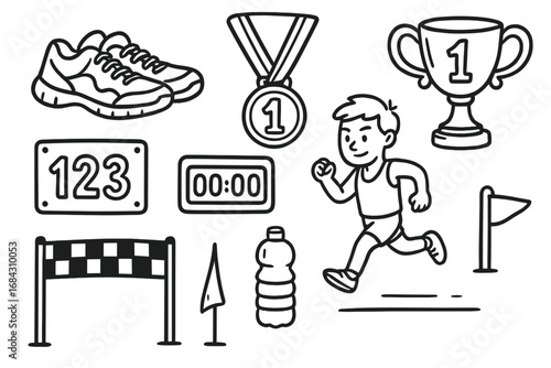 Hand drawn marathon running icon set. Vector doodle collection. Runner, medal, trophy, shoes, finish line. Sport, fitness, competition, winner concept. Athletic event elements.