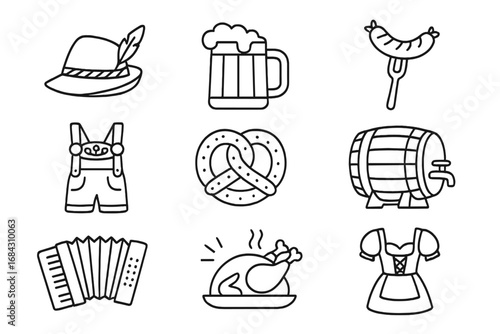 Oktoberfest line icon set. Traditional German beer festival symbols. Vector collection with beer mug, pretzel, sausage, lederhosen, dirndl, accordion, and Bavarian hat.