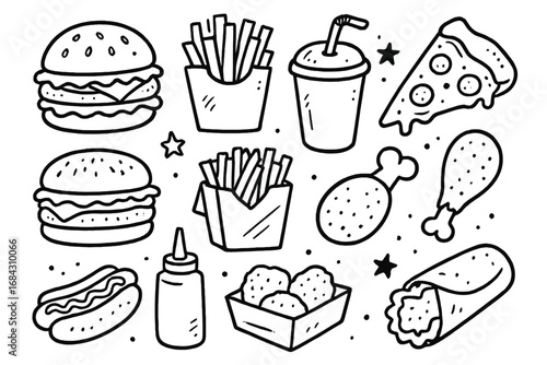 Hand drawn fast food doodle set. Vector line art cartoon illustration collection. Burger, pizza, fries, hot dog icons for restaurant menu. Junk food snack pack in black and white.
