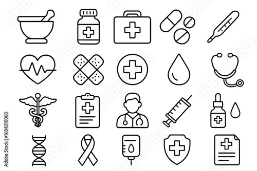 Medical and healthcare line icon set. Pharmacy, medicine, health symbols. Vector collection for hospital, clinic, first aid. Doctor, prescription, DNA, cardiology icons.