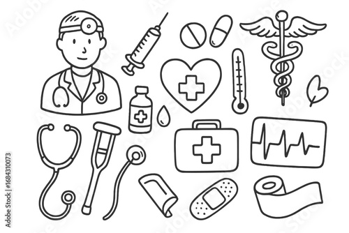 Hand drawn medical doodles set. Healthcare and medicine icons. Doctor, syringe, pills, first aid kit. Vector cartoon illustration for clinic, hospital, or pharmacy design.