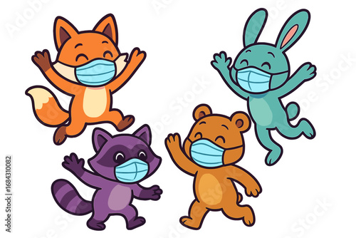 Cute cartoon animal friends wearing face masks. Happy fox, bear, raccoon, and rabbit characters jumping playfully. Vector illustration for health, safety, and pandemic concepts.