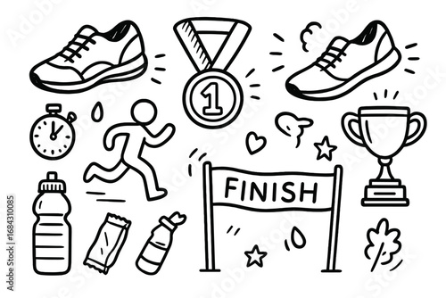 Hand drawn marathon running doodle icon set. Vector cartoon sketch illustration of race elements: runner, shoes, medal, trophy, finish line, stopwatch. Sport and fitness concept.