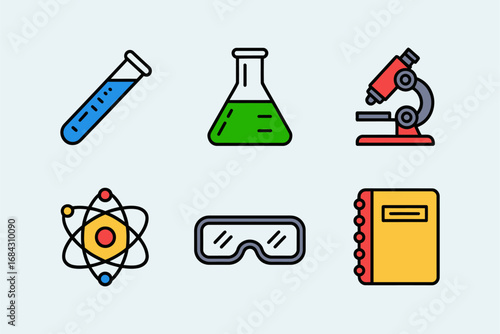 Laboratory science equipment icons, microscope beaker test tube flask atom goggles notebook, research experiment graphics, chemistry education vector pack