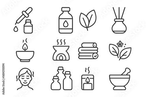 Wellness and beauty line icon set. Vector symbols for spa, aromatherapy, skincare, massage, and relaxation. Essential oil, candle, diffuser, and natural herbal treatment.
