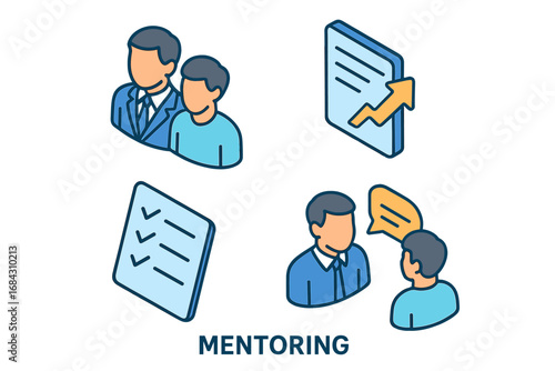 Mentoring icon set. Isometric vector illustration of mentor and mentee. Business coaching, professional development, career growth, guidance, support, and training concept.
