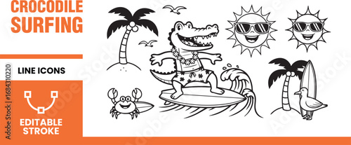Crocodile surfing line icons cartoon character on surfboard with palm trees and sun vector graphic elements for summer beach vacation holiday tropical island