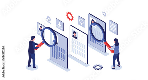 Professionals meticulously review resumes using magnifying glasses, seeking top talent for recruitment success