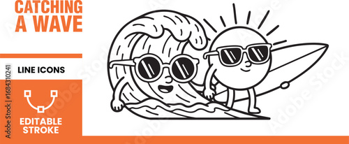 Catching a wave line icons featuring cute cartoon characters with sunglasses, perfect for summer vacation, tropical beach, and surfing designs with editable stroke style