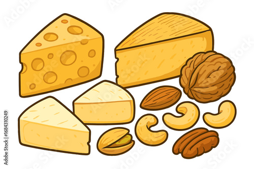 Cheese and nut assortment vector set. Cartoon food illustration with swiss, cheddar, brie, parmesan. Appetizer collection with almond, walnut, pecan, cashew, pistachio.