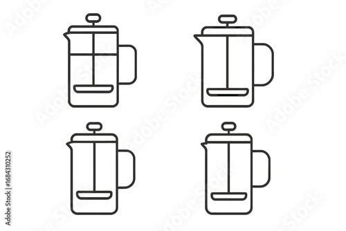 Set of linear French press icons. Minimalist coffee maker vector illustrations in various designs. Plunger pot and cafetière line art symbols for coffee shop menu or logo.