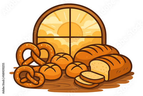 Bakery showcase with fresh bread assortment, pretzels, and buns. Cartoon vector illustration of a bakeshop window at sunrise. Concept for baking, breakfast, and pastry shop.