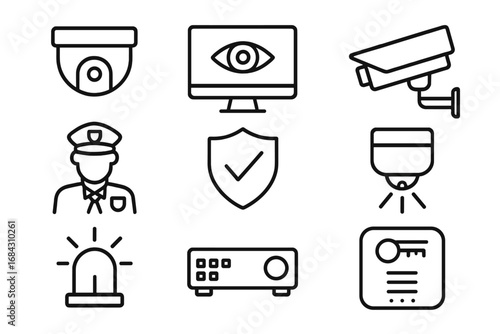 Security and surveillance line icon set. Vector collection of outline symbols like CCTV camera, monitoring screen, guard, alarm, and access control for safety systems.