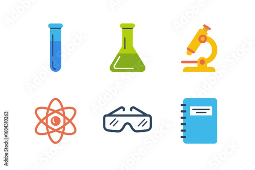 Science lab tool illustration set, beaker test tube flask microscope atom notebook glasses, research and experiment equipment design