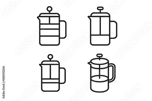 French press coffee maker line icon set. Minimalist vector illustration of various press pot designs. Outline symbol for brewing, caffeine, beverage, cafe menu, and kitchen.