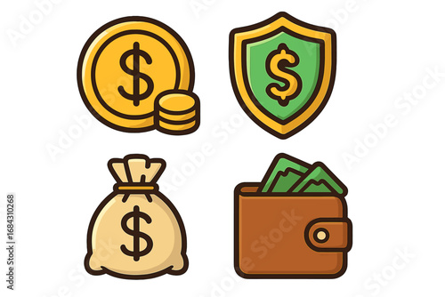Money savings and insurance protection vector icon set. Cartoon illustration of a dollar coin, shield, money bag, and wallet. Concepts for banking, finance, and investment.