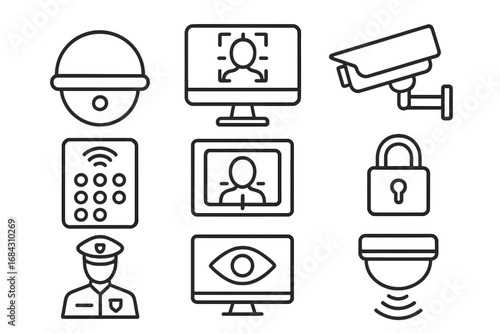 Security and surveillance line icon set. Monitoring, camera, facial recognition, cctv, guard and lock outline icons. Vector collection for safety, protection and technology.