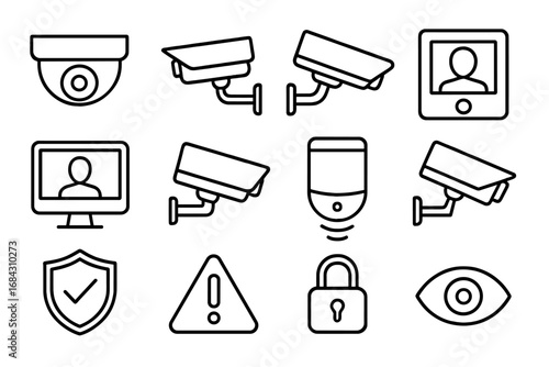 Security and surveillance line icon set. Monitoring, camera, and protection outline collection. Vector illustration for safety systems, cctv, and alarm technology concepts.