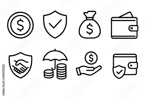 Finance and insurance line icon set. Money savings, investment, and protection symbols. Vector icons of dollar, wallet, shield, and money bag for web and app design.