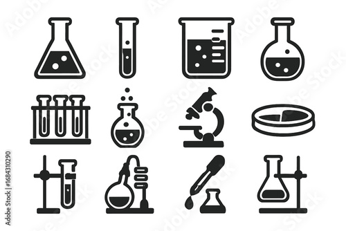 Science lab equipment icon set. Vector chemistry and biology research symbols. Laboratory glassware illustration. Flask, beaker, test tube, microscope, petri dish pictograms.