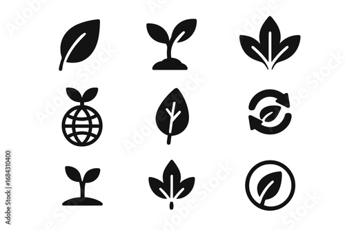 Nature and ecology solid icon set. Leaf, plant, and sprout symbols in bold glyph style. Eco friendly, sustainability, and recycling concepts for green conservation.