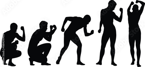Silhouettes of man performing dynamic poses, body movement stages, fitness and dance concept, muscle strength demonstration, athletic figure progression, human motion sequence, creative art silhouette