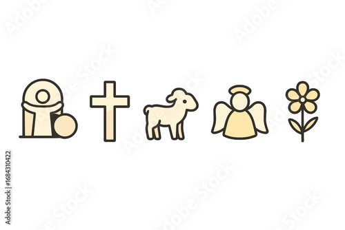 Christian Easter religious symbol collection. Minimalist vector icon set of resurrection, empty tomb, cross, Lamb of God, angel, and flower. Holy week faith concept illustration.