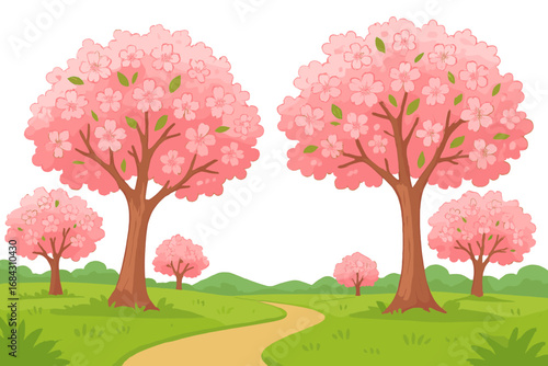 Serene spring landscape with blooming pink cherry blossom sakura trees. Beautiful cartoon nature park scene with a path and green meadows. Vector floral background illustration.