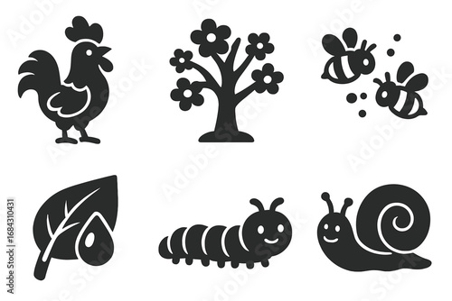 Nature awakening solid icon set. Spring season vector symbols collection. Rooster, blooming tree, honey bee, dew on leaf, caterpillar, snail. Farm, garden, morning, cute icons.
