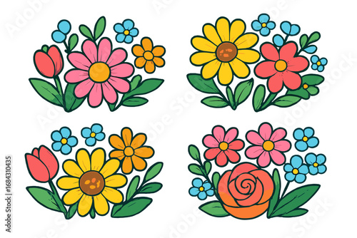 Set of colorful floral arrangements. Bright flower bouquets with roses, tulips, daisies. Cheerful doodle style botanical elements. Vector cartoon illustration for spring, summer.