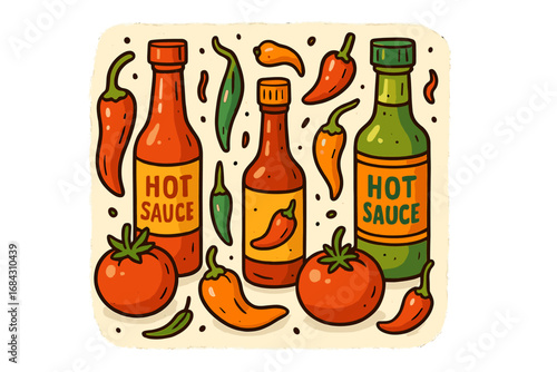 Colorful hot sauce collection with spicy chili, habanero, and jalapeno peppers. Vector ingredients for Mexican food menu. Cartoon condiment bottles illustration set.