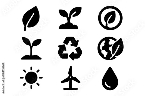 Nature and ecology solid icon set. Green energy, sustainability, and environmental conservation symbols. Leaf, plant, recycle, earth, sun, wind turbine, and water drop glyphs.