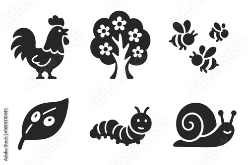Nature awakening solid icon set. Spring morning symbols collection. Rooster, blooming tree, bees, dew on leaf, caterpillar, snail. Simple flat vector cartoon glyphs.