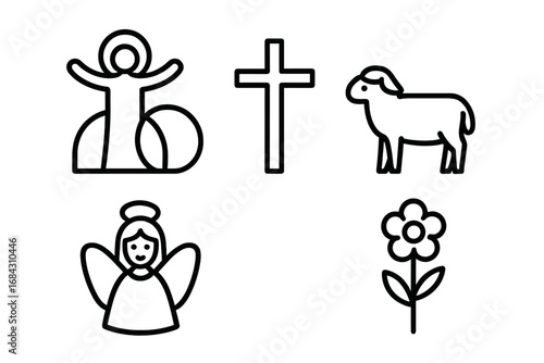 Christian Easter icon set. Religious symbols of resurrection, cross, lamb of God, angel, and spring flower. Minimalist line art vector illustration for Holy Week celebration.