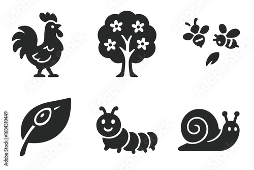 Nature awakening icon set. Solid glyph icons of spring and morning. Rooster, blooming tree, bees, leaf with dew, caterpillar, snail. Farm and garden animal vector symbols.
