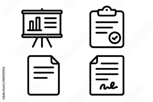 Business documents line icon set. Icons for presentation, report, data chart, signed contract, agreement, clipboard checklist, approved form. Office paperwork symbols.