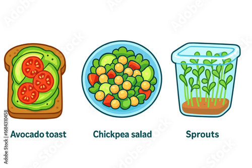 Healthy food illustration set with avocado toast, chickpea salad, and sprouts. Vegan, vegetarian meal concept for nutrition and diet. Vector cartoon food icons collection.