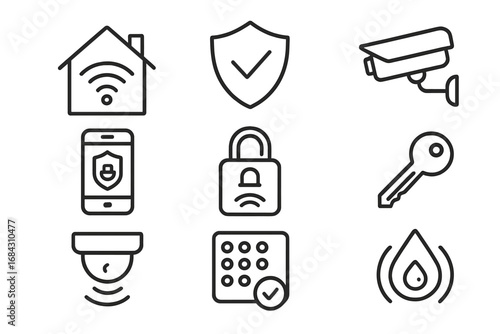 Smart home security system line icon set. Home automation, protection, and surveillance technology. Vector outline icons for IoT, access control, lock, camera, and sensor.