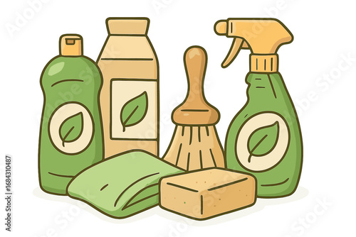 Eco-friendly cleaning supplies set for sustainable home maintenance. Natural, organic products for household chores. Green cleaning concept with detergent, spray, and brush.