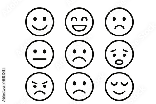 Minimalist emoji set with expressive line art faces showing simple emotions. Vector cartoon illustration of emoticons for mood feedback, customer satisfaction rating scale.