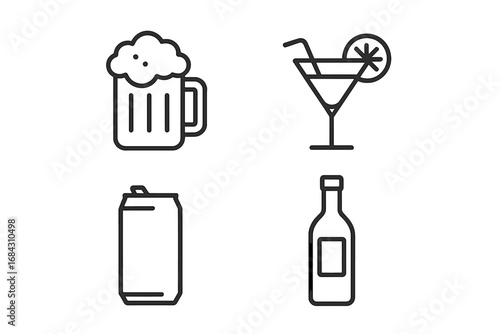 Alcohol and soft drinks line icon set. Beer mug, cocktail glass, beverage can, and wine bottle vector symbols. For bar menu, party, app and web design. Outline style.