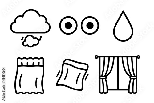 Nightmare and fear outline icon set. Vector cartoon illustration of bad dreams, anxiety, and insomnia concepts. Includes scared eyes, sweat, dark cloud, and shaking blanket.