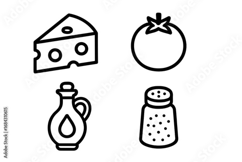 Cooking ingredients vector line icon set. Cheese, tomato, olive oil, salt shaker. Food preparation elements. Outline pictogram collection for recipe, menu or restaurant.