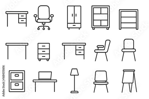 Office furniture line icon collection. Workplace interior elements. Desk, chair, cabinet, bookcase, lamp vector icons. Editable stroke for infographics, web, and UI design.