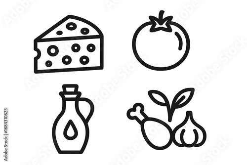 Essential cooking ingredients line icon set. Vector symbols for cheese, tomato, olive oil, chicken, garlic, herbs. Food elements for recipe, menu design, or grocery app.