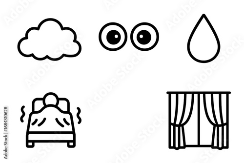 Nightmare and fear outline icon set. Vector collection of symbols for insomnia, anxiety, and bad dreams. Mental health concepts like stress, phobia, and sleep disorders.