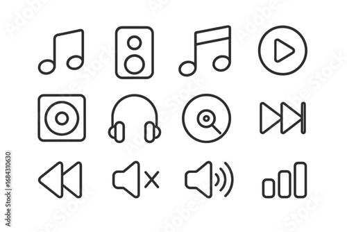 Music player minimalist line icon set. Audio and multimedia interface symbols. Vector collection of play, note, speaker, headphone, volume control for web, mobile app, UI, UX.