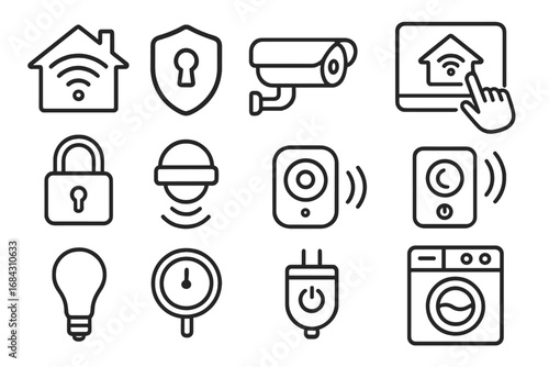 Smart home technology outline icon set. Home automation, IoT, and security system vector symbols. Includes smart appliance, gadget, and control interface line art illustrations.