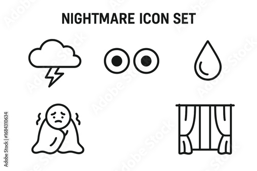 Nightmare icon set for fear and anxiety. Vector outline icons of storm cloud, wide eyes, sweat, scared person in blanket. Mental health, phobia, bad dream concept.
