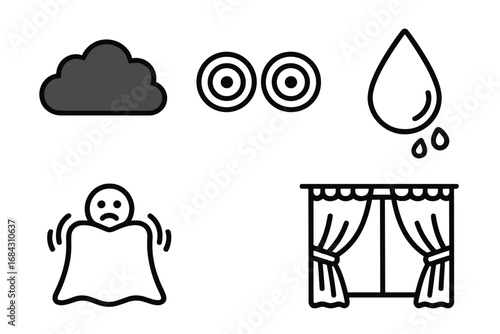 Nightmare icon set. Vector outline icons of fear, anxiety, phobia, bad dreams, and insomnia. Contains dark cloud, wide eyes, sweat drop, shaking person, closed curtains.